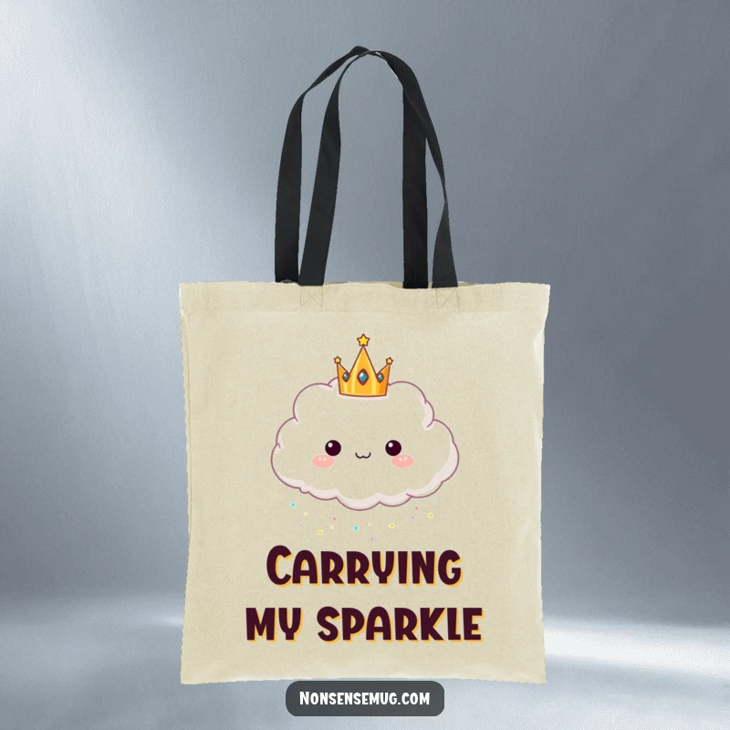 Funny tote bag illustration of a cloud wearing a crown and raining glitter, great for carrying essentials with a touch of sparkle.