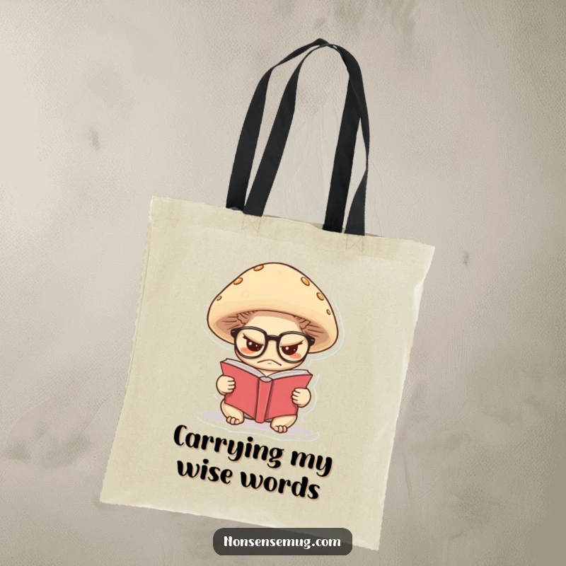 Funny tote bag of a grumpy mushroom wearing glasses, reading a tiny book, perfect for carrying literary finds.