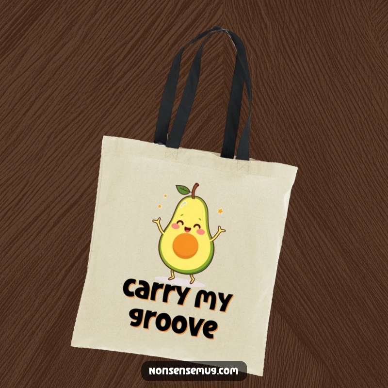 Funny Avocado Tote Bag: A vibrant, funny avocado character caught mid-silly-dance, ready for market day adventures.