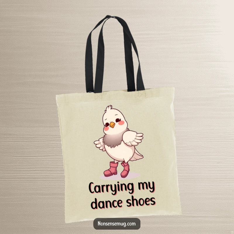 Funny pigeon wearing boots, attempting a dance on a tote bag, showcasing a humorous and slightly awkward, yet endearing, scene.