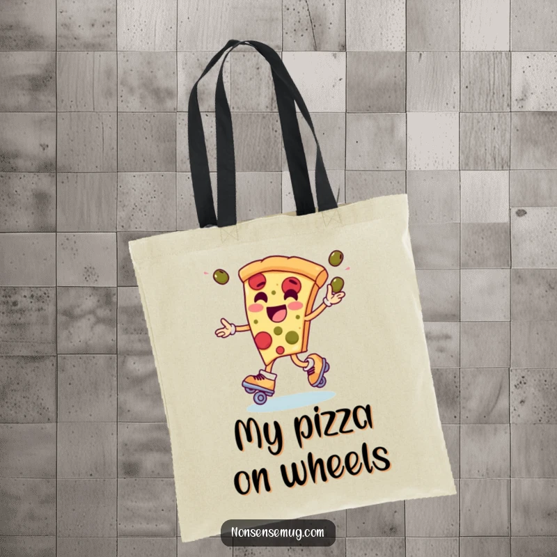Funny tote bag design of a pizza slice on roller skates, actively juggling multiple olives, showcasing impressive performance art.