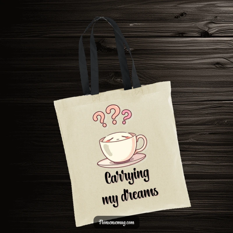 Funny tote bag illustration of a sleeping teacup with steam rising as question marks, practical and humorous for shoppers.