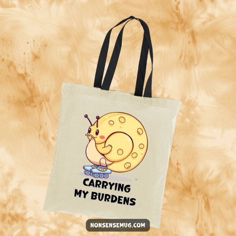 Funny tote bag: A snail wearing roller skates struggles to push a giant wheel of cheese, showcasing determined effort.