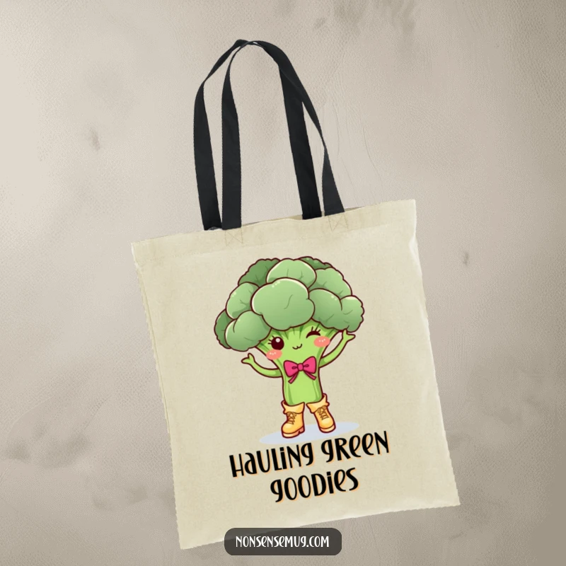 Funny broccoli character, mid-dance with boots and a bow, on a practical tote bag, a great funny gift.
