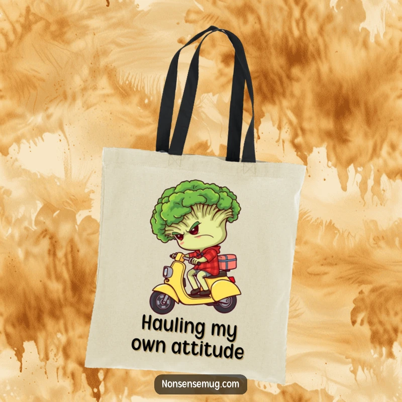 Funny grumpy broccoli character riding backwards on a tiny scooter, printed on a practical tote bag.