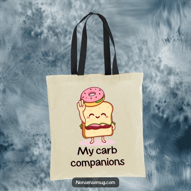 Funny tote bag showing a sandwich with legs awkwardly high-fiving a donut, a humorous and practical accessory for carrying items.