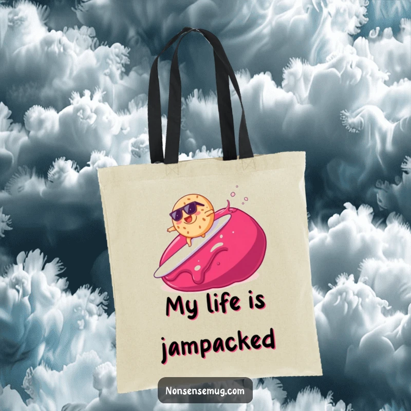 Funny tote bag with a bagel surfing on jam, a humorous and practical accessory for food lovers.